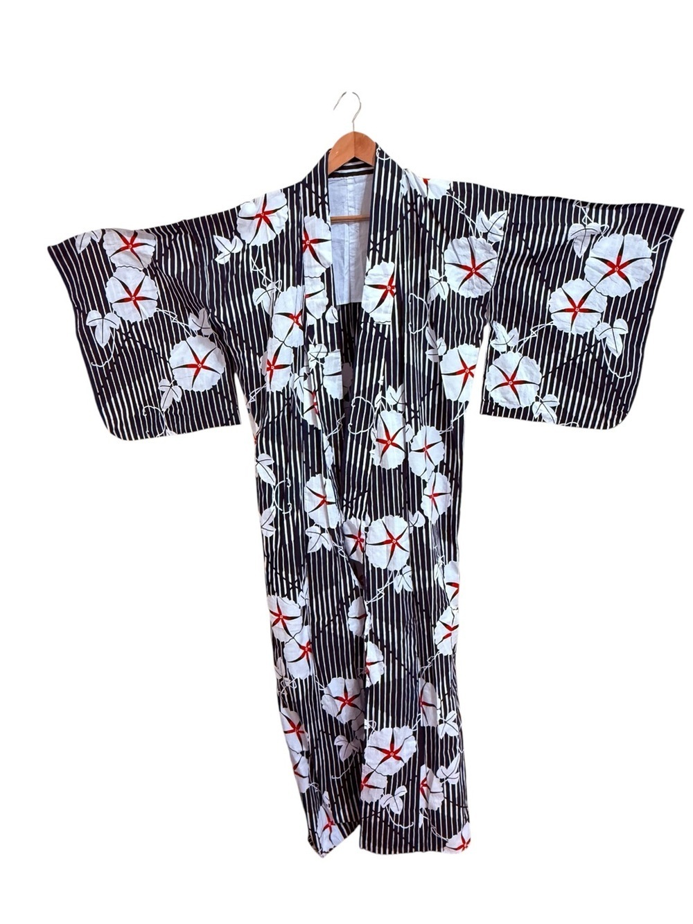 Japanese traditional yukata black white striped pattern red floral kimono